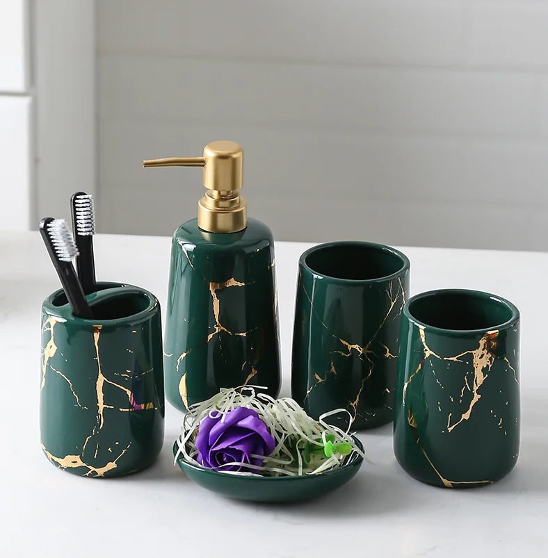 Ceramic Toiletries Bathroom Set Marble Porcelain Cup Toothbrush Holder / Soap Dispenser / Tray Bathroom Decoration Accessories