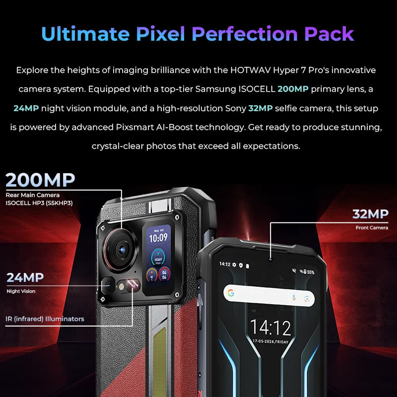 HOTWAV Hyper 7 Pro 5G Rugged Phone 200MP Android 14 6.6'' FHD+ 120Hz Smartphone 36(16+20)GB 256GB 10800mAh 33W Mobile Phone