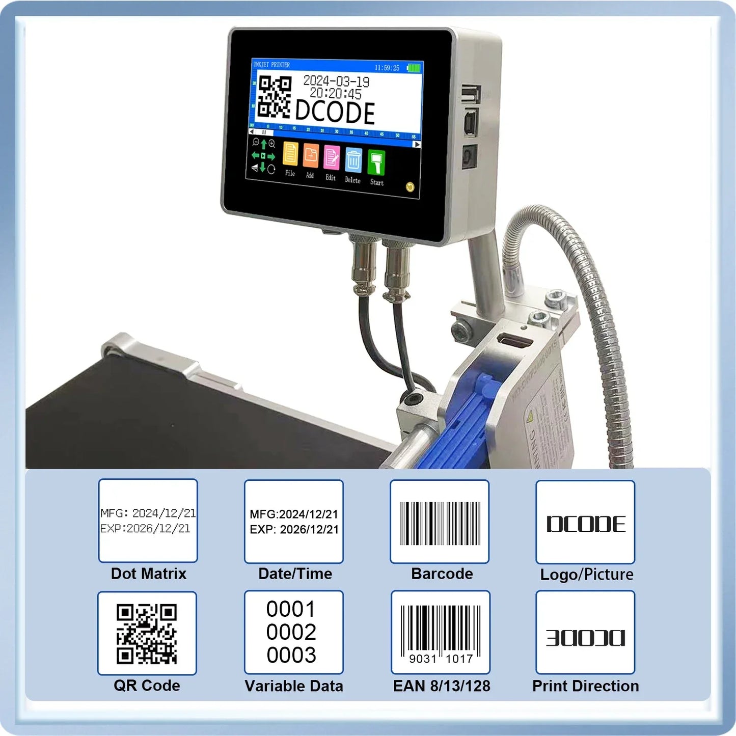 DCODE 130PLUS Industrial Online Inkjet Printer 12.7/25.4mm Nozzle with 4.3inch Screen QR Barcode Batch Number Logo Date Printer