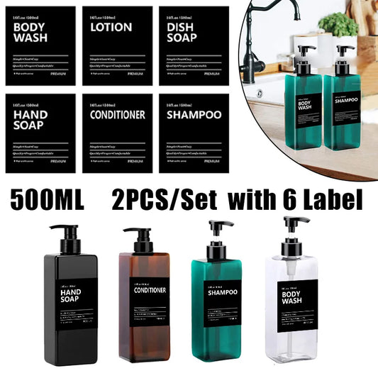 2x 500ml Refillable Square Soap Dispenser Bathroom Kitchen Liquid Storage Bottle Hand Dish Shampoo Container With Label Stickers