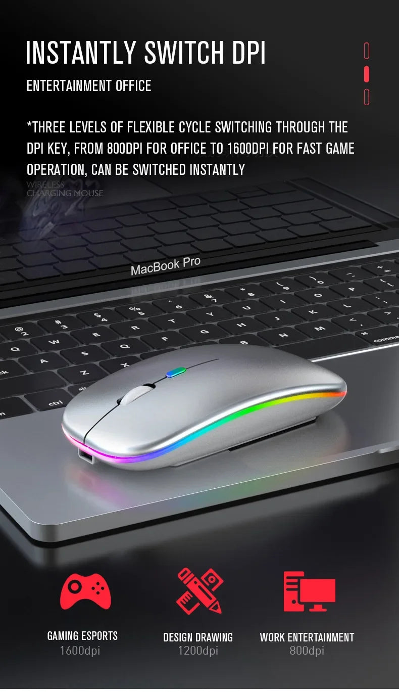 Wireless mouse 2.4GHz Bluetooth rechargeable mouse quiet ergonomic gaming mouse with USB backlight 1600dpi mouse for PC and