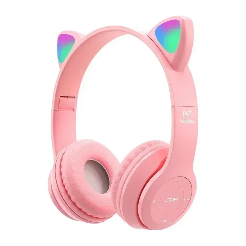 Hot P47M Wireless Headphone Flash Light Cute Cat Ears Fone with Mic Control LED Stereo Music Helmet Phone Bluetooth Headset Gift