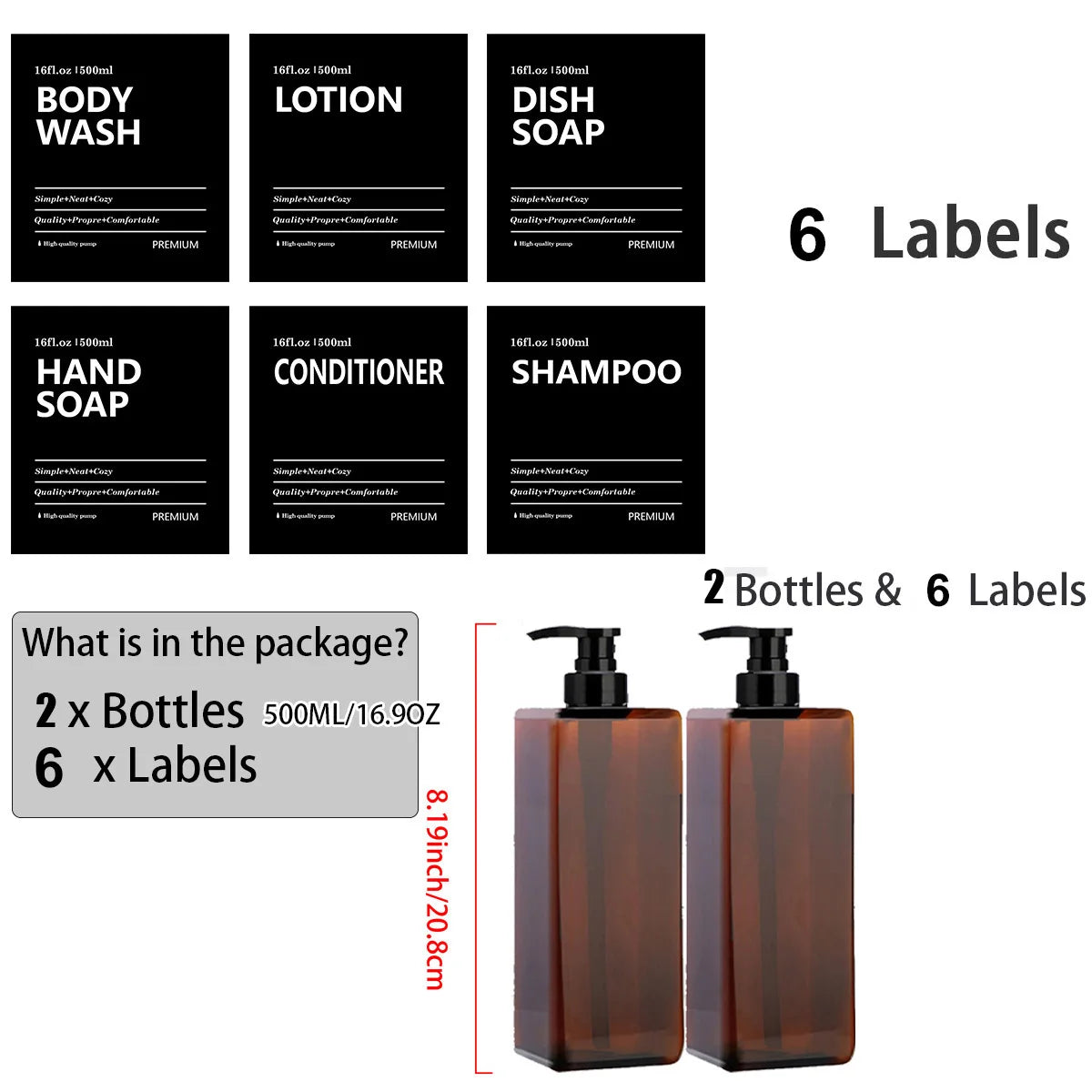 Bathroom Refillable Liquid Square Bottle Dispenser Lotion Containers With Labels Dish Soap Body Wash Dispenser 500ml