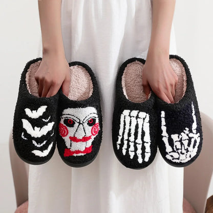 Warm Plush Slippers Women's Winter Halloween Black Spider Web Home Cotten Slippers Flip Men Indoor Floor Slippers Party Gifts