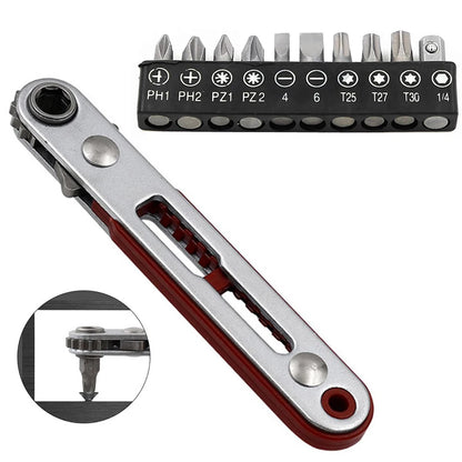 1Pc Flat Head Ratchet Wrench With 10 Pcs Screwdriver Bit 90 Degree Offset Screwdriver Handle With Bit Set Professional Hand Tool