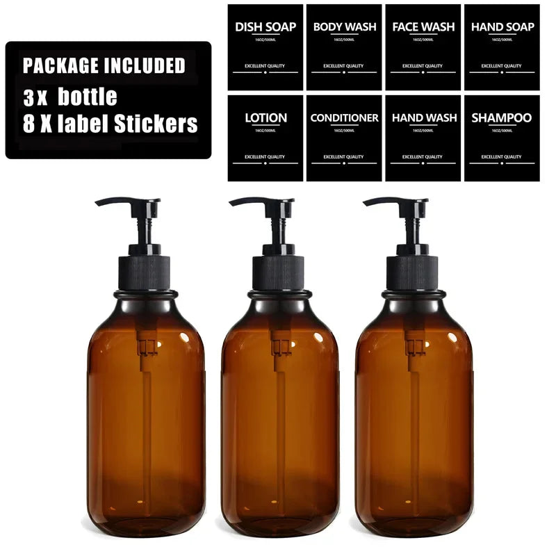 Brown Hand Soap Bottle Set with Sticker Shower Gel Household Shampoo Dispenser 500ml Liquid Container Bathroom Accessories