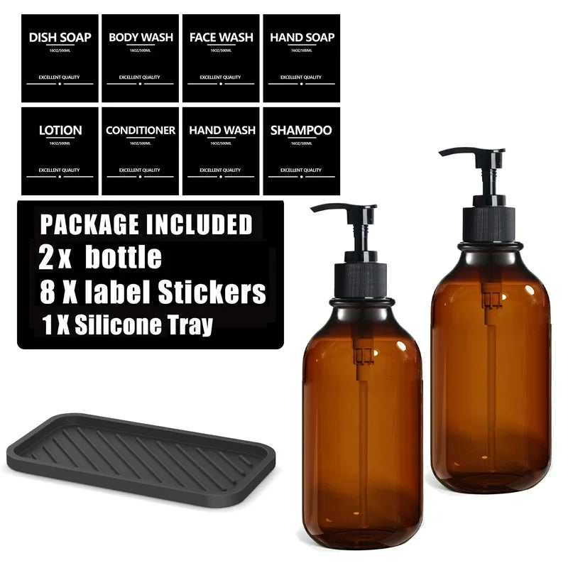 Brown Hand Soap Bottle Set with Sticker Shower Gel Household Shampoo Dispenser 500ml Liquid Container Bathroom Accessories