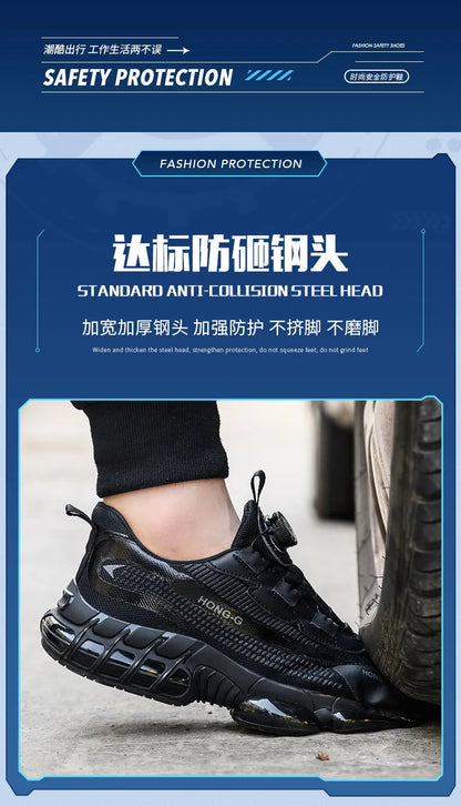 Rotating Button Men Safety Shoes Protective Sneakers Steel Toe Cap Anti-smash Work Shoes Fashion Indestructible Boots Security