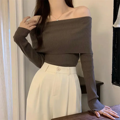 Spring Knitted Top Women's Off-shoulder Design Sensibility Niche Long Sleeve Base Layer Top Trendy Women's Knitwear