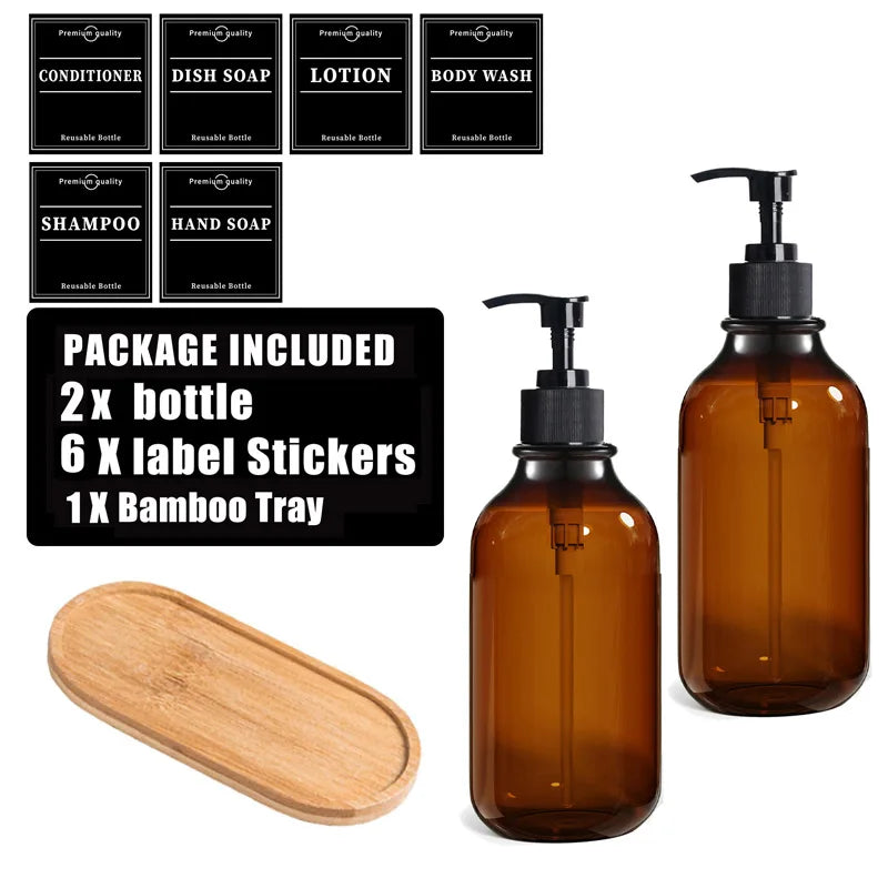 Brown Hand Soap Bottle Set with Sticker Shower Gel Household Shampoo Dispenser 500ml Liquid Container Bathroom Accessories