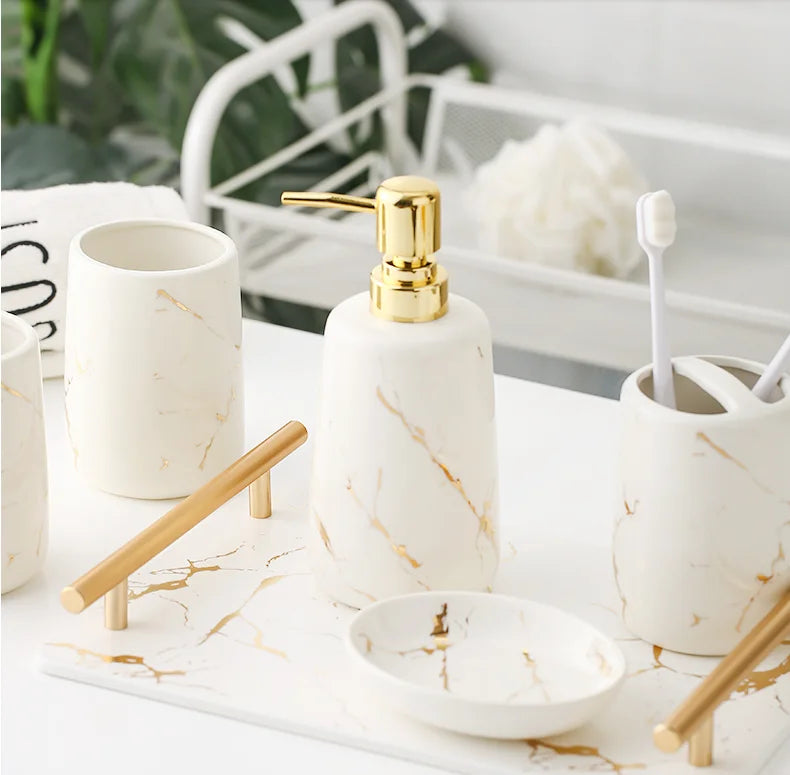 Ceramic Toiletries Bathroom Set Marble Porcelain Cup Toothbrush Holder / Soap Dispenser / Tray Bathroom Decoration Accessories