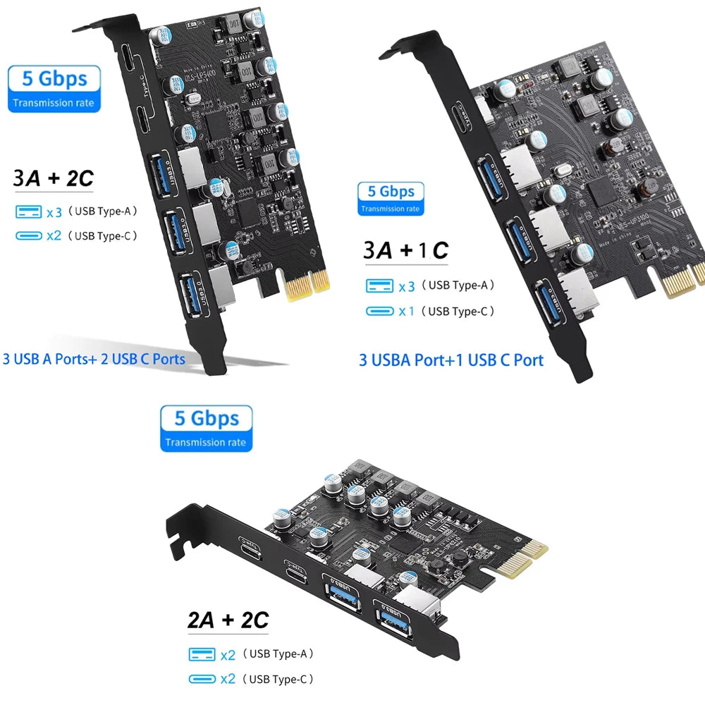 PCI Express Card  2Port USBA/ USBC 5Gbps USB3.2 Gen1 USB3.0 PCIE Card Expansion Add on Card Adapter for Windows/MacOS/Linux