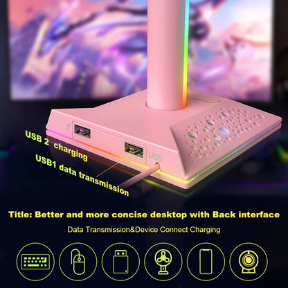 RGB Gaming Headphone Stand with USB Ports Headphone Holder Touch Control Light Desktop Gaming Headset Holder Earphone Hanger