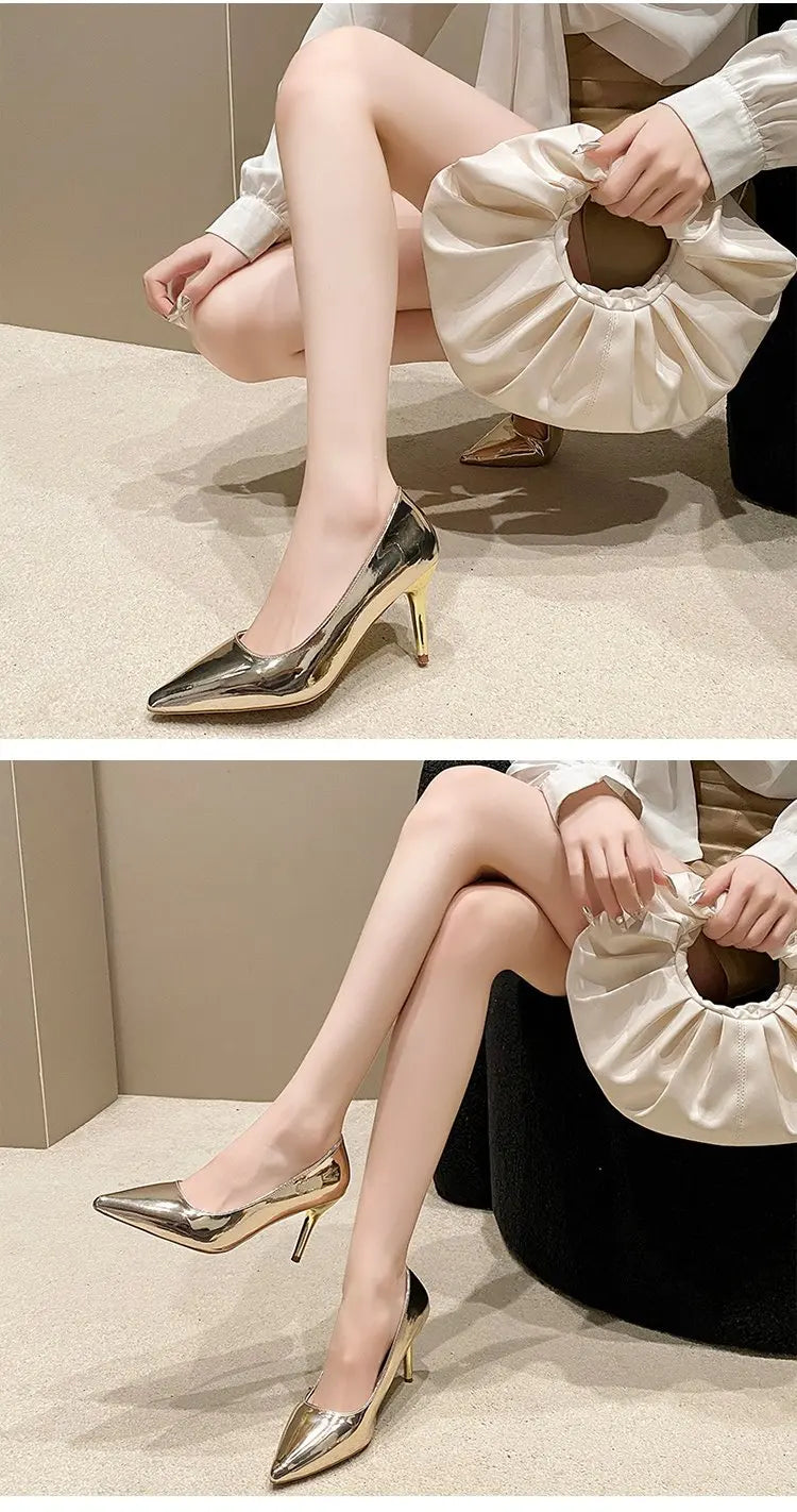 Soft Leather Sliver Gold High Heels 8/10cm Shoe Fashion Women Pumps Pointed Toe Slip-on Office Woman Wedding Shoes Large Size 43