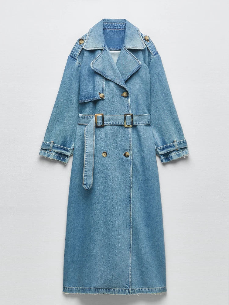 Denim Trench Coats For Women Belt On Waist Slim Jean Coats Ladies Jaqueta Feminina Blue Jean Jacket Woman