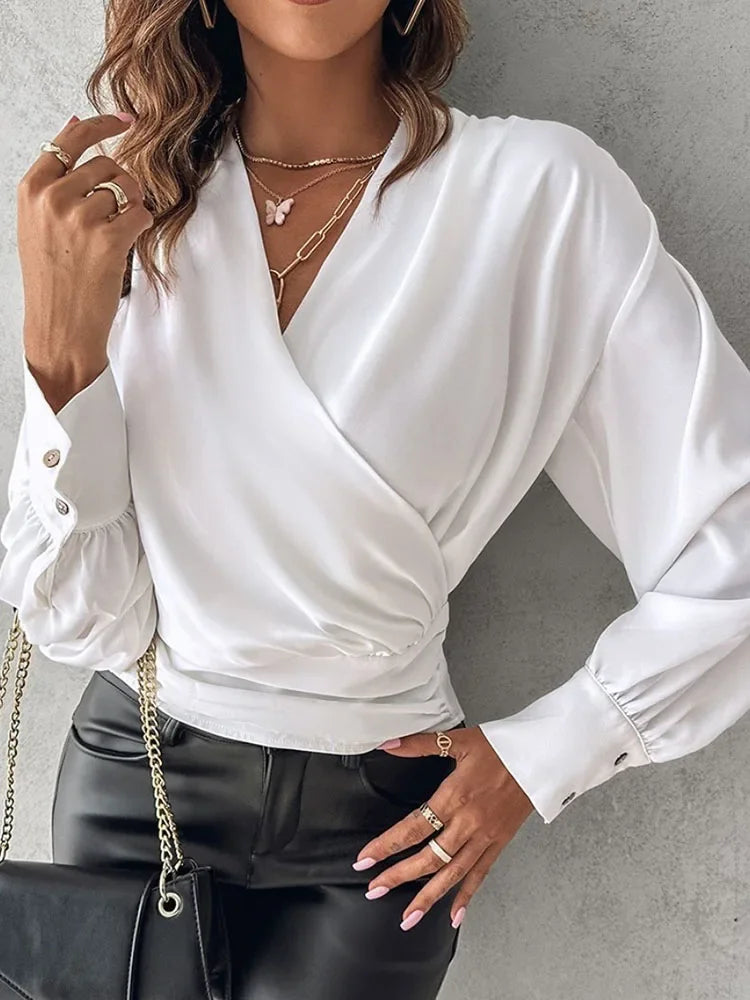 Sexy V Neck Long Sleeve Shirts Blouses Office Lady Spring summer Fashion Elegant Solid White blouse For Women 2024 Female Tops