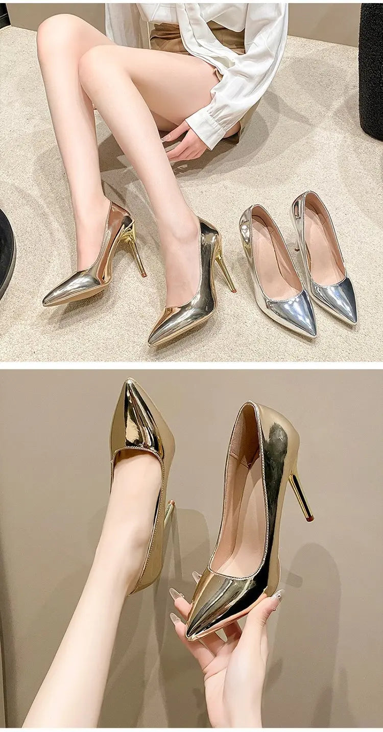 Soft Leather Sliver Gold High Heels 8/10cm Shoe Fashion Women Pumps Pointed Toe Slip-on Office Woman Wedding Shoes Large Size 43