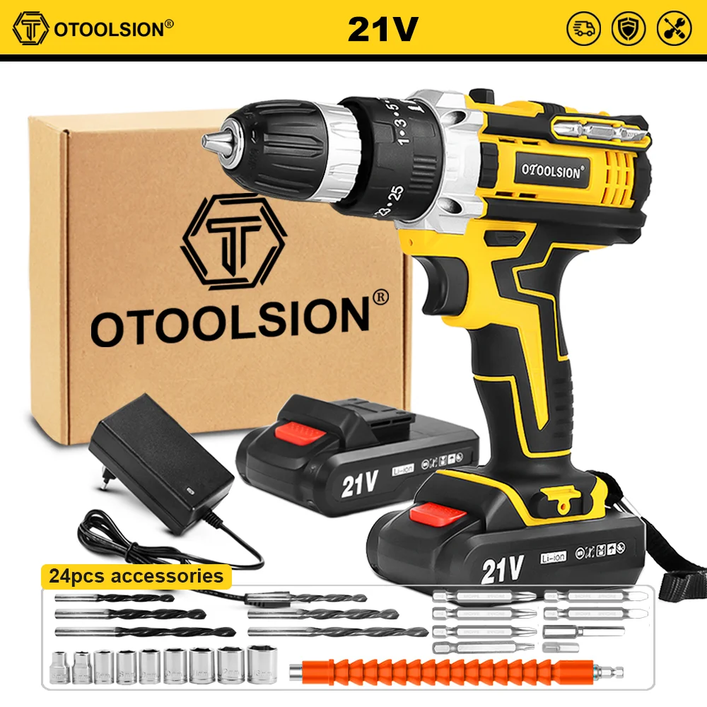 OTOOLSION New 21V Impact Cordless Drill Electric Screwdriver Rechargeable Battery Wireless Hand Drill Power Tools For DIY Home