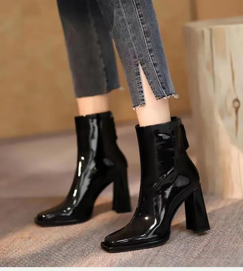 Female Shoes 2024 High Quality Ankle Women's Boots Elegant Modern Boots Women Sewing Square Toe High Heels Back Zip Shoes Women