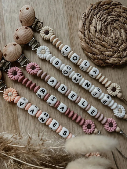 Baby Personalized Name Round Wooden Clips Flowers Silicone Beads Pacifier Chain for Teether Nursing Toys Handmade Dummy Holder