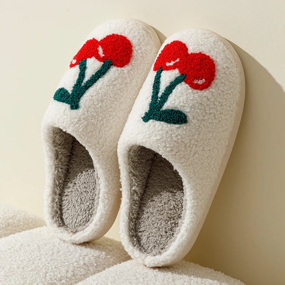 Super Cute Cherries Plush House Slippers for Women, Comfy Home Shoes, Flat Slip-on Slides, Platforms, Winter Slippers