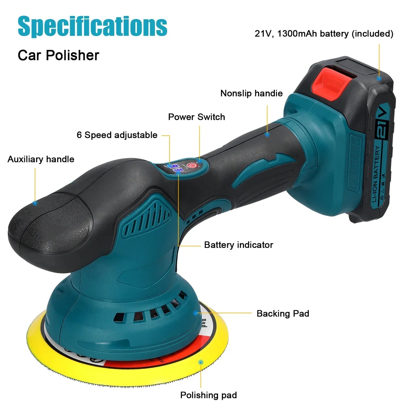 21V Cordless Car Polisher 6 Gears Speed ​​Electric Polishing Tool Multifunctional Metal Waxing Rust Removal Wood Sanding Machine