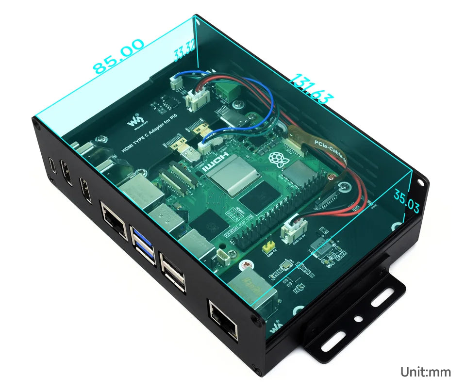 Waveshare Multi-functional All-in-one Mini-Computer Kit Designed for Raspberry Pi 5, Aluminum Alloy Case Option for PCIe adapter