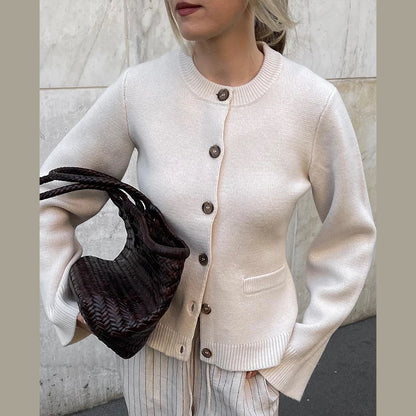 Elegant Knitted Cardigan Women Casual O-neck Single Breasted Full Sleeve Pockets Female Sweater 2024 Autumn Lady Solid Knitwear