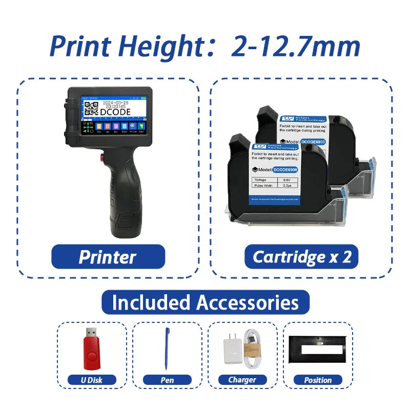 DCODE 1755PLUS 12.7mm Portable Printers Handheld Inkjet Printer Text QR Barcode Batch Number Logo Image Date Printing Machine