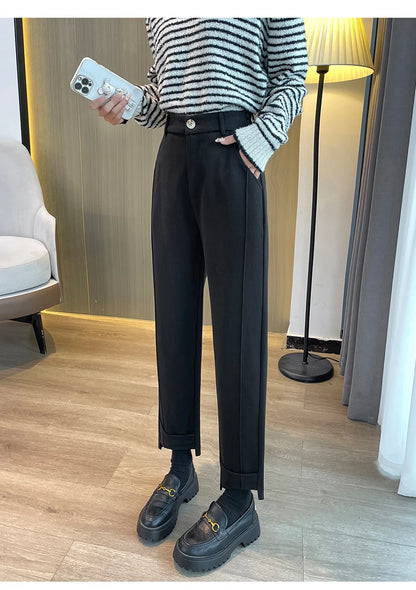 Woolen Pants Women's Harem Pencil Pants 2024 Autumn Winter High Waist Casual Pantalones Beige Black Women Ankle-Length Trousers