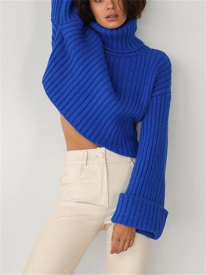 wsevypo High Neck Knit Ribbed Cropped Sweaters Autumn Winter Casual Women Long Sleeve Pullover Tops Casual Street Jumpers Tops