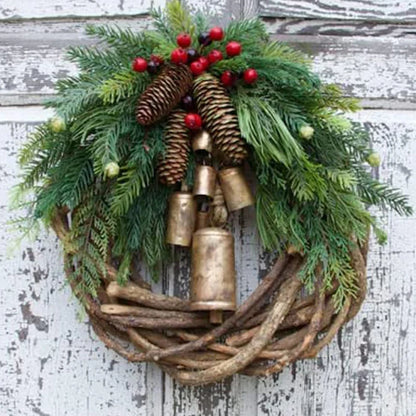 Farmhouse Christmas Wreath With Bells Door Pine Cone Decoration Artificial Geen Plants Simulation Flower Vine New Year Garland