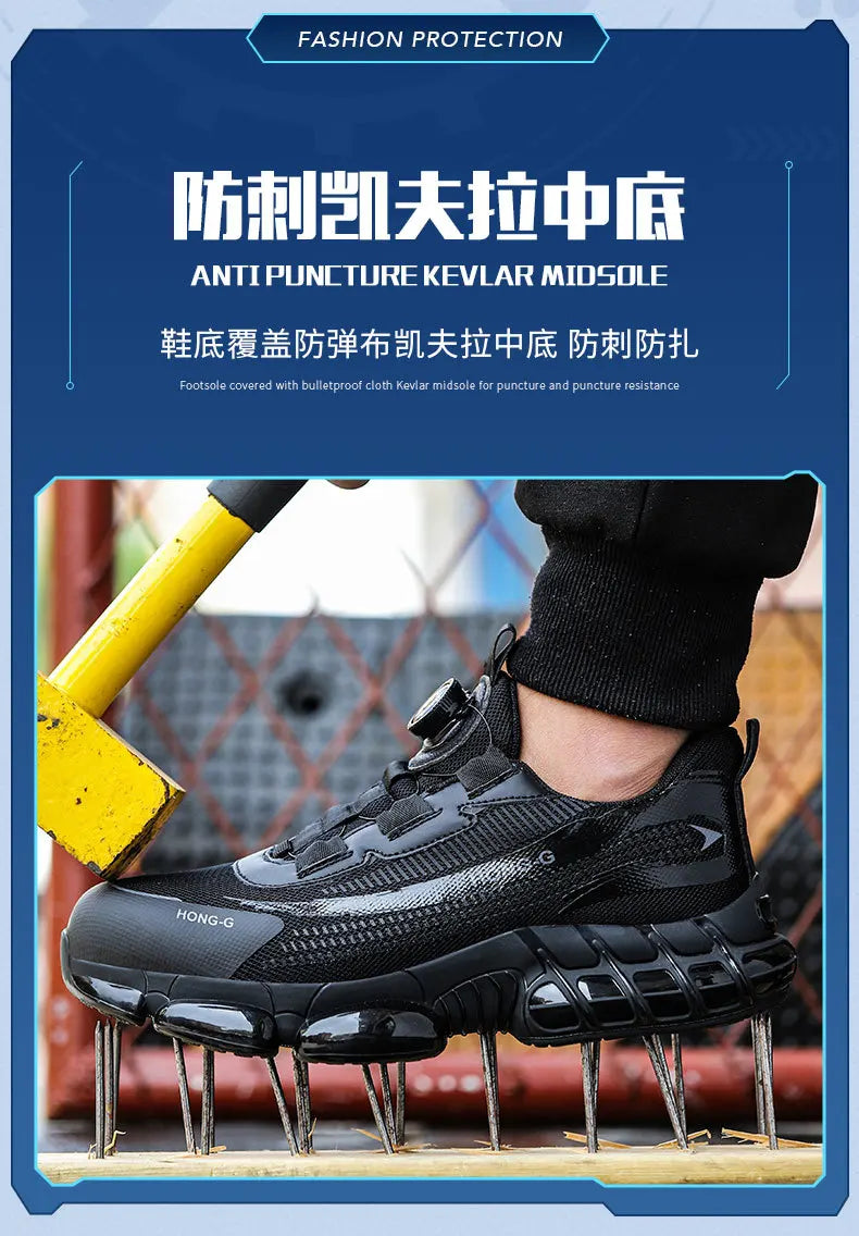 Rotating Button Men Safety Shoes Protective Sneakers Steel Toe Cap Anti-smash Work Shoes Fashion Indestructible Boots Security