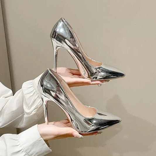 Soft Leather Sliver Gold High Heels 8/10cm Shoe Fashion Women Pumps Pointed Toe Slip-on Office Woman Wedding Shoes Large Size 43