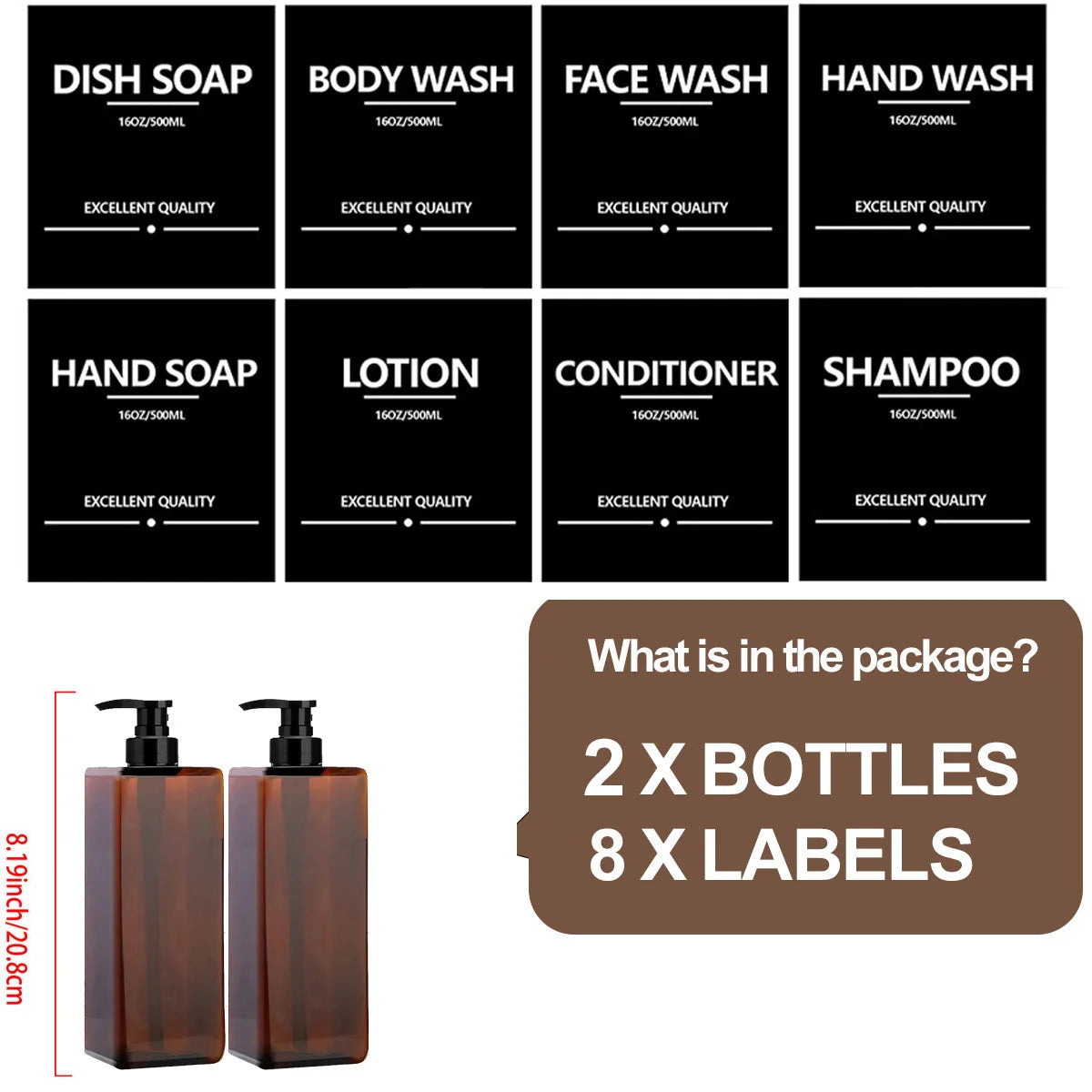 Bathroom Refillable Liquid Square Bottle Dispenser Lotion Containers With Labels Dish Soap Body Wash Dispenser 500ml