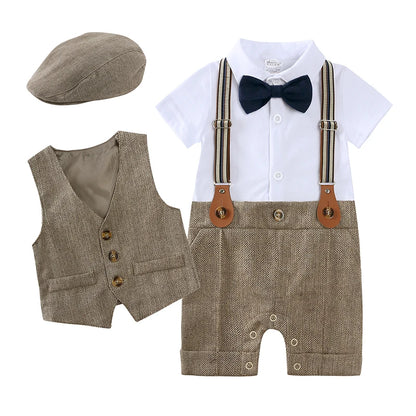 2024 Gentleman Baby Set Shirt Bow Tie Romper+Vest+Hat Newborn Dress Infant Baby Boys Clothes Set 3 Pcs Party Suit School Outfits