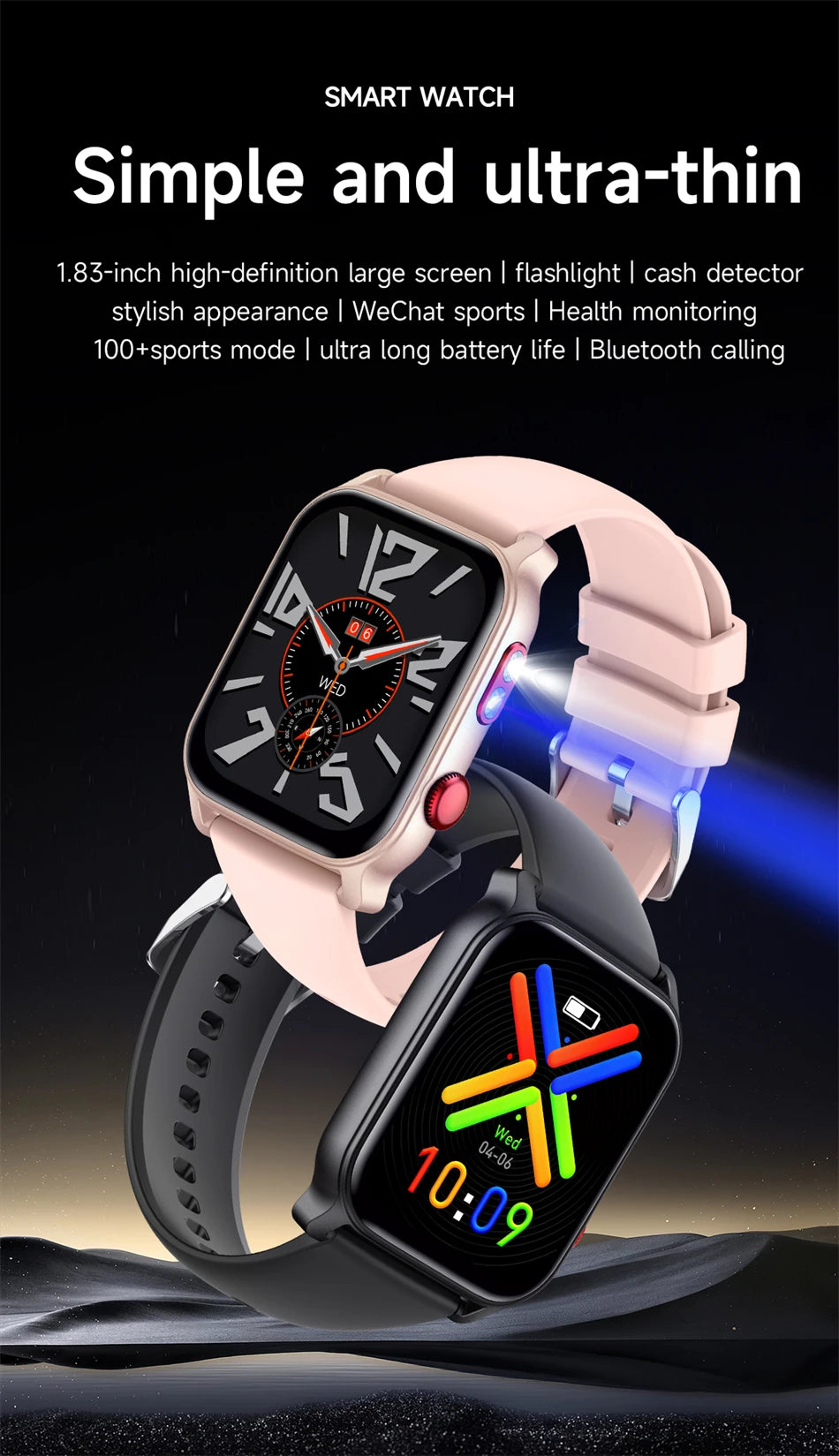 2025 New Flashlight Smart Watch Woman Men HD Touch Screen BT Call Multi Sport Mode Health Monitoring IP68 Waterproof Smartwatch