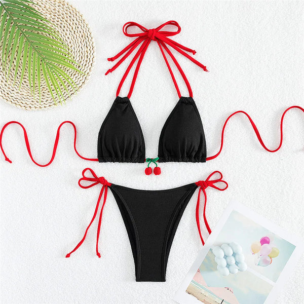 Costume da bagno  da donna con perizoma e micro bikini bianco, in tessuto a coste color ciliegia, costume da bagno a triangolo, set bikini 2025