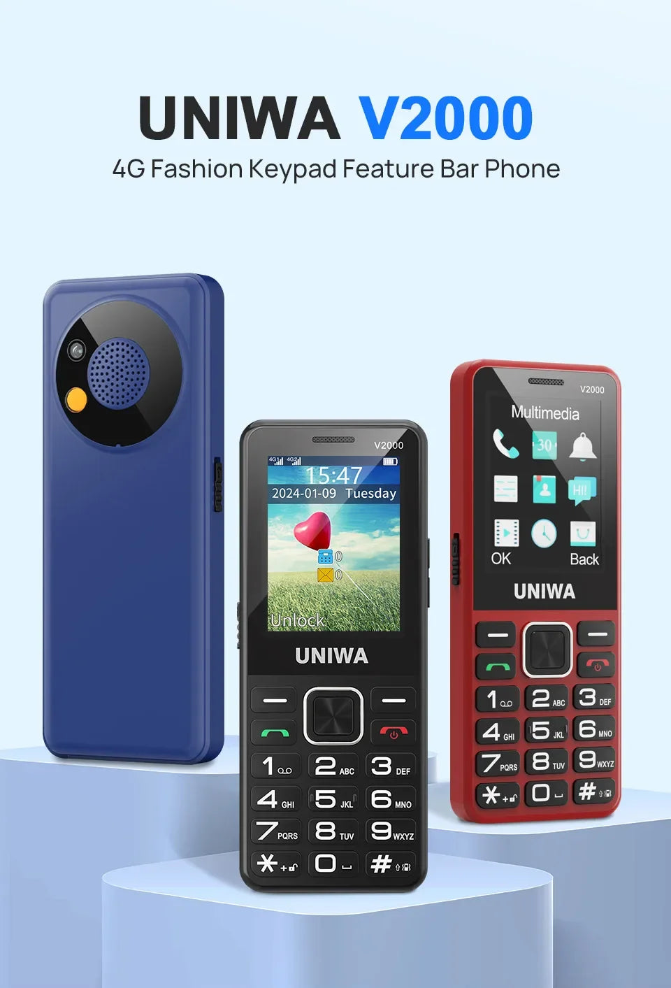 UNIWA V2000 Global 4G Network 2.4 Inch IPS Display SOS Button Elderly Cell Phone With 1700mAh Battery Support one click dialing