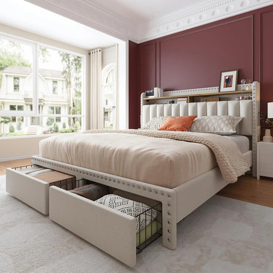 King Size Bed Frame with Storage and Headboard, Upholstered King Bed Frame with Storage, King Bed Frame with 2 Drawers 