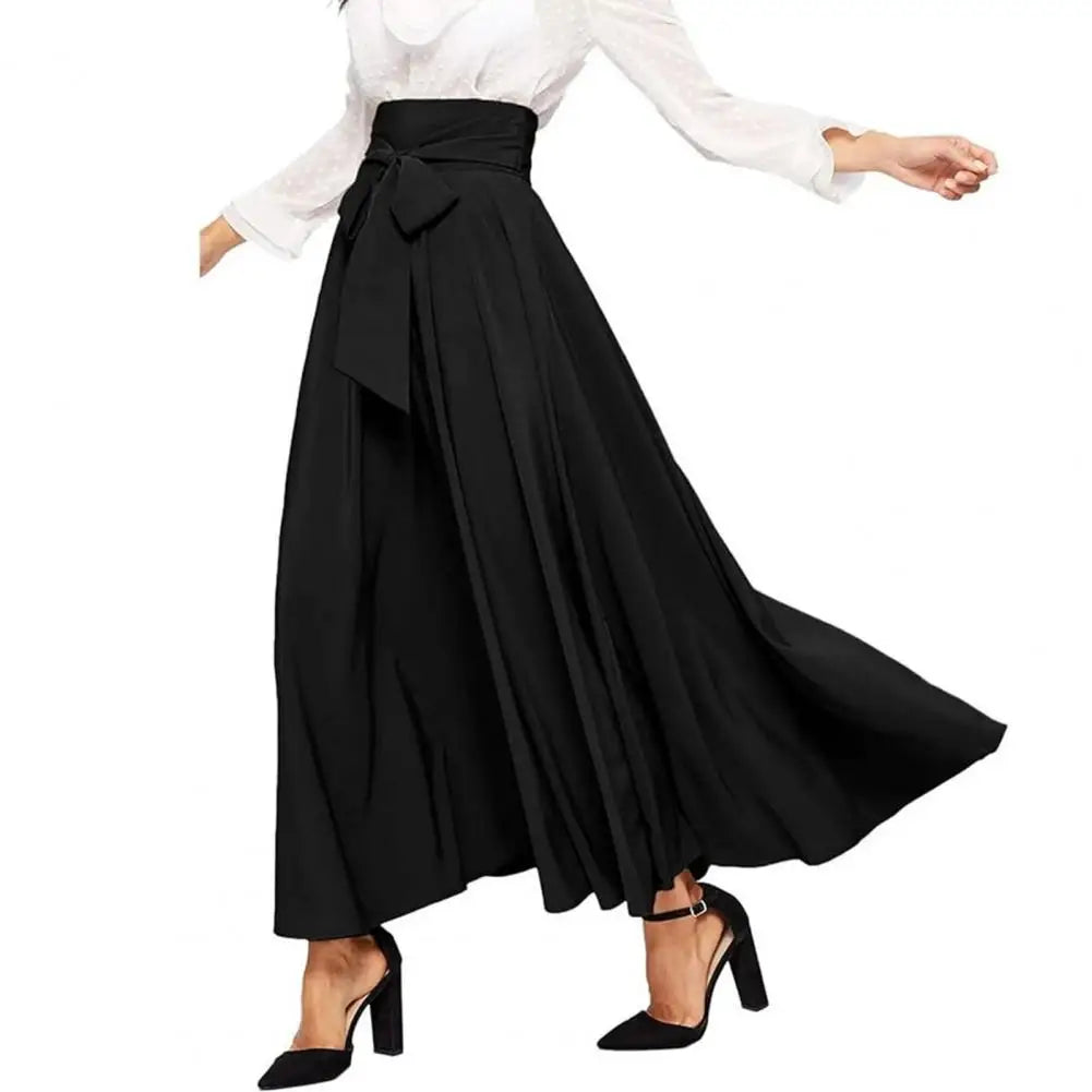 Women Skirt Elegant Lace-up Maxi Skirt with High Waist A-line Silhouette Solid Color Pleated Ankle Length for Women for Spring