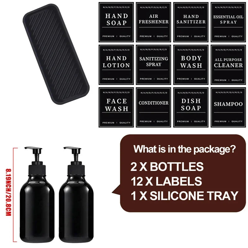 500ml Portable Empty Pump Dispenser Bottle Cylinder Shampoo Lotion Soap Hand Sanitizer Bottle with Tray 12 Label Bathroom