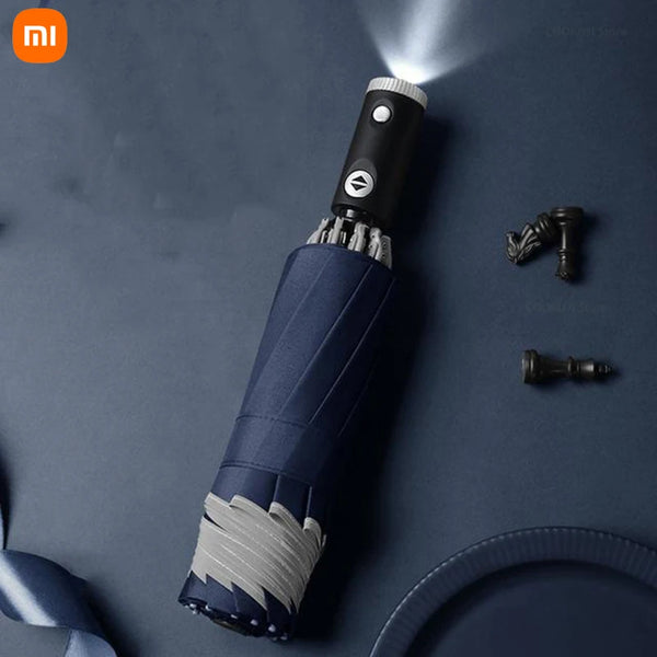 Ombrello automatico Xiaomi con striscia riflettente, luce LED inversa, tre pieghe invertite, 10 stecche antivento