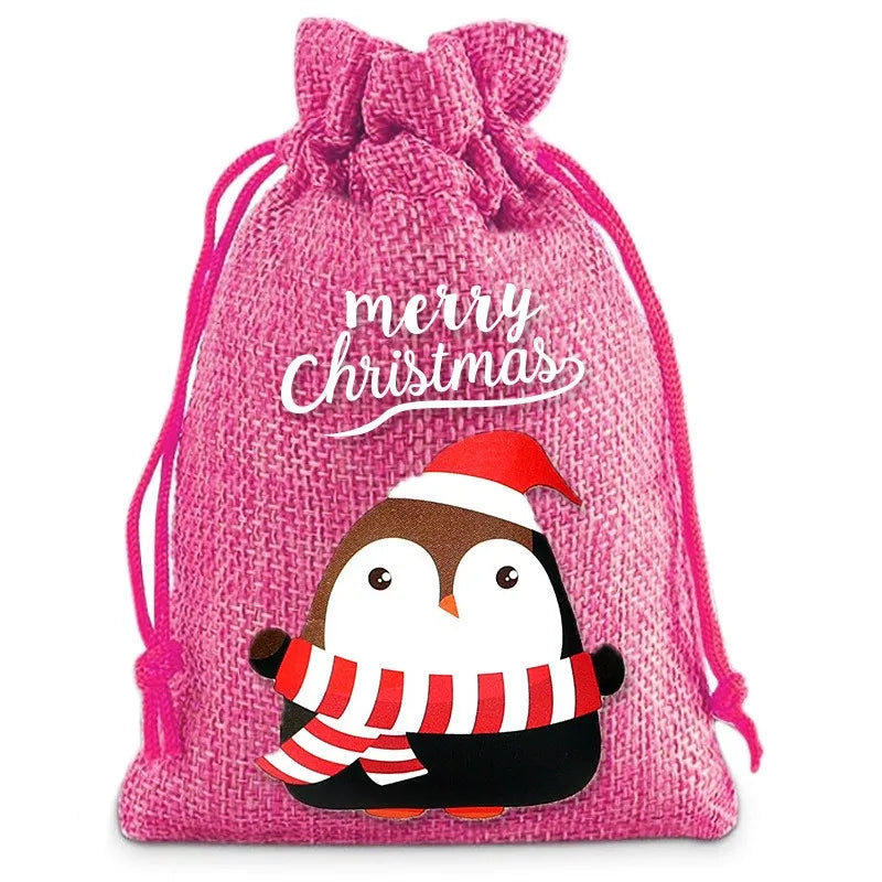 Linen Cotton Drawstring Bags Merry Christmas Decoration 2024 Christmas Navidad Natal New Year 2025 Packing Gift Candy Bag