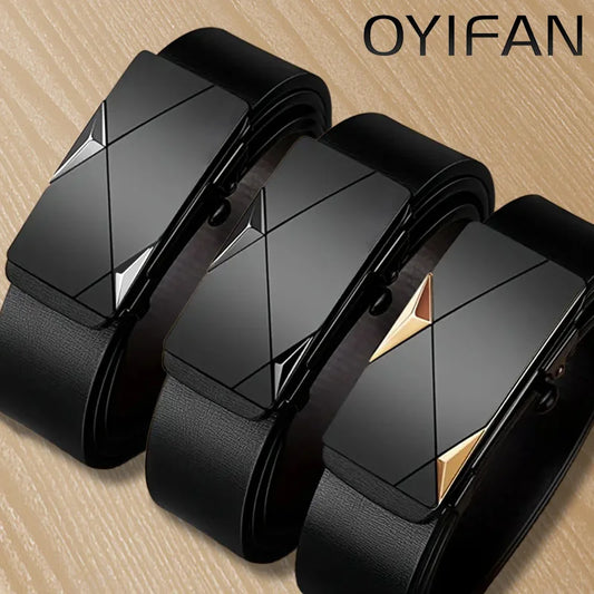 OYIFAN Fashion Men's Belt Men's Genuine Leather Belt Automatic Buckle Ratchet Belt Random Adjustment 