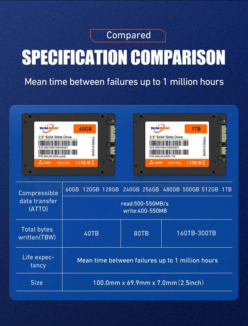 WALRAM SATA3 SSD 128GB 256GB 120GB 480GB 512GB 1TB Hdd 2.5 Hard Disk Disc 2.5 " Internal Solid State Drive 240 gb for laptop