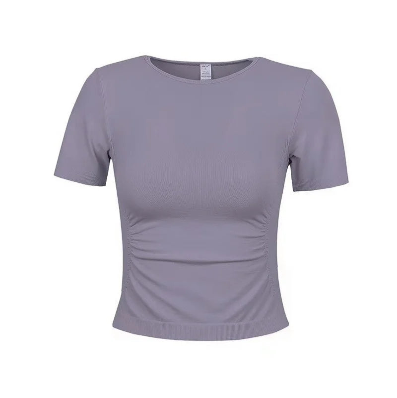 PofyBofy Crew Neck Side Fold Slimming Fit Short Sleeve Seamless Yoga Workout Fitness Gym Shirts Tennis Golf Crop Tops Sportswear