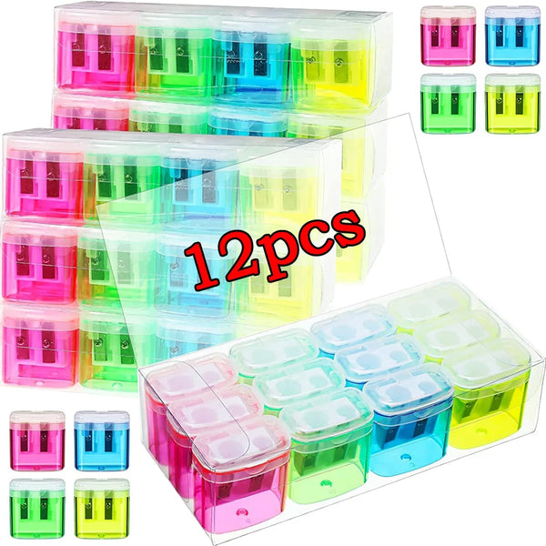 Temperamatite manuale da 12 pezzi, piccolo temperamatite portatile colorato a doppio foro con coperchio, 4 colori per forniture scolastiche per bambini