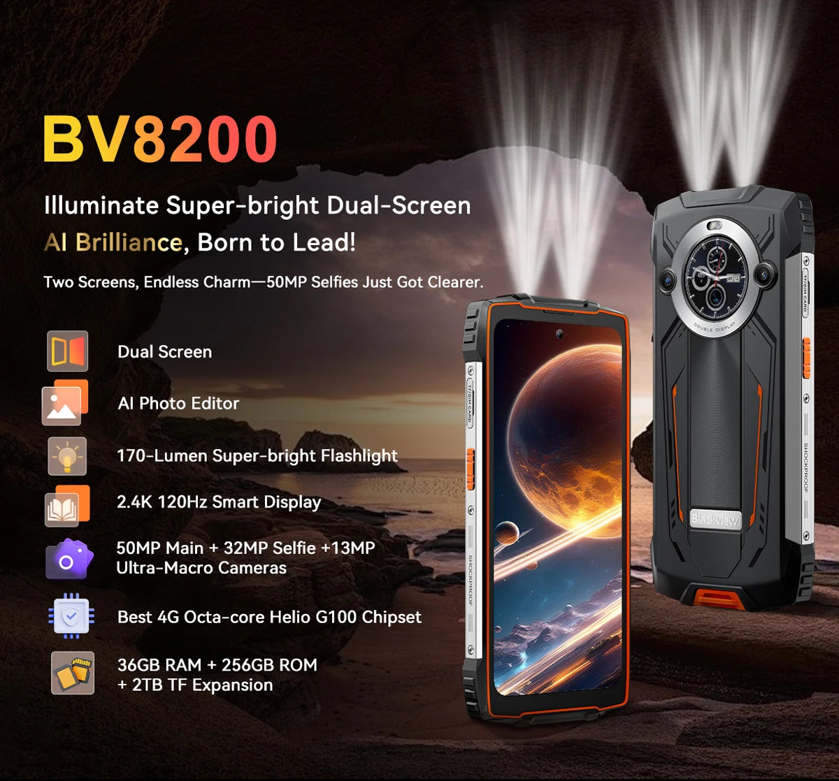 Blackview BV8200 Rugged phone 6.5" 2.4K 120Hz Display MTK Helio G100Smartphone 12GB 256GB 45W Charger CellPhone Android 14 NFC