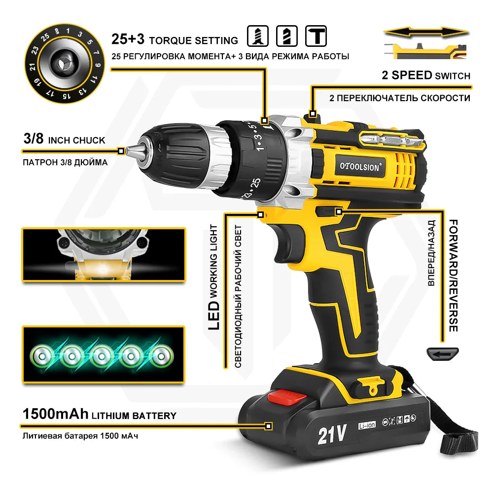 OTOOLSION New 21V Impact Cordless Drill Electric Screwdriver Rechargeable Battery Wireless Hand Drill Power Tools For DIY Home